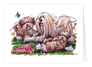 Lhasa Apso - With Puppies - Caricature - Card