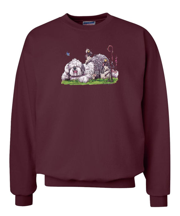 Old English Sheepdog - Laying Down With Sheep - Caricature - Sweatshirt