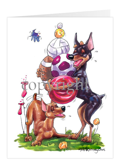 Miniature Pinscher - Group With Toys - Caricature - Card