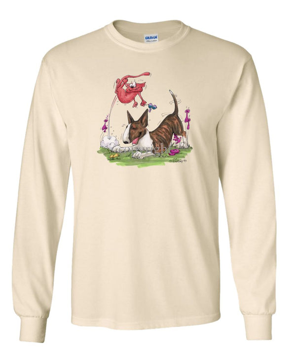 Bull Terrier  Brindle - Chasing Cat - Caricature - Long Sleeve T-Shirt