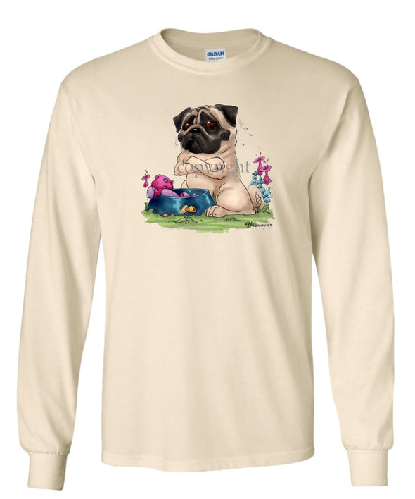 Pug - Sitting By Food Dish - Caricature - Long Sleeve T-Shirt