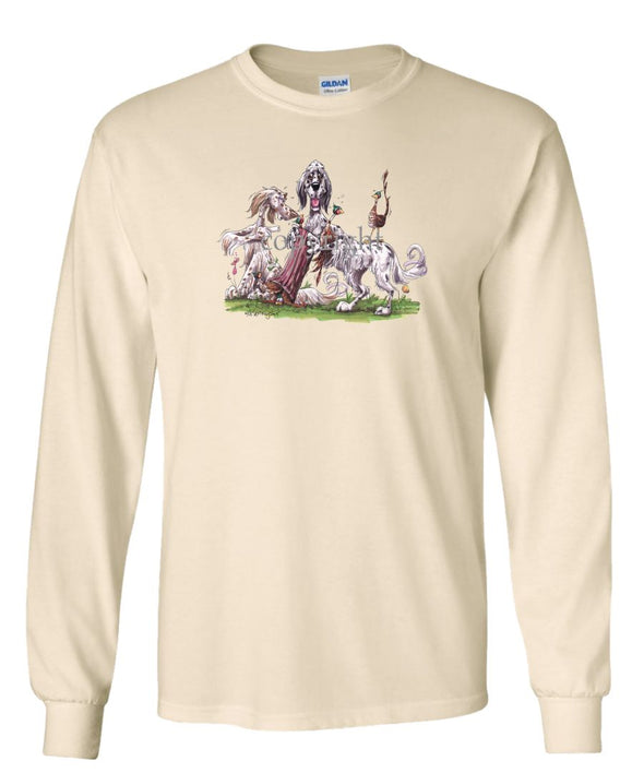 English Setter - Group Hollow Log And Pheasants - Caricature - Long Sleeve T-Shirt