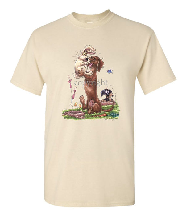 Dachshund  Smooth - Rabbit Kissing Nose - Caricature - T-Shirt