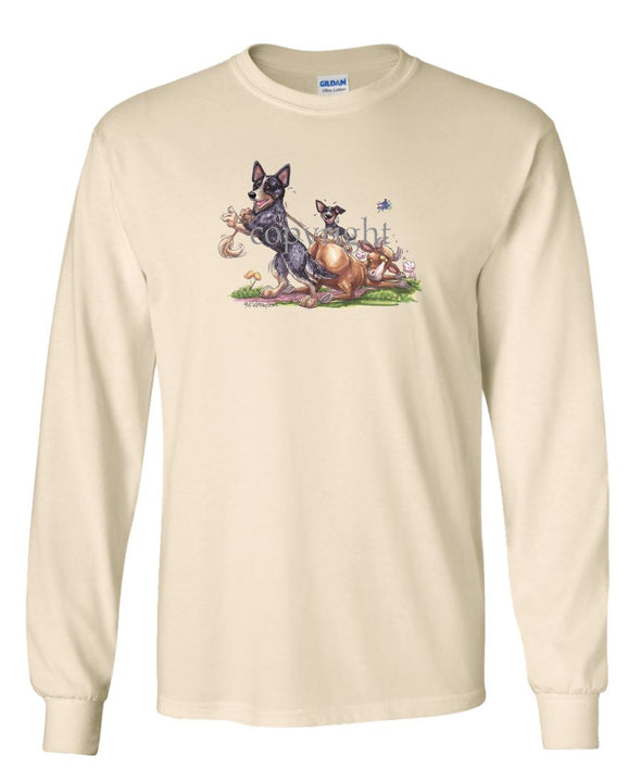 Australian Cattle Dog - Pulling Cow By Tail - Caricature - Long Sleeve T-Shirt