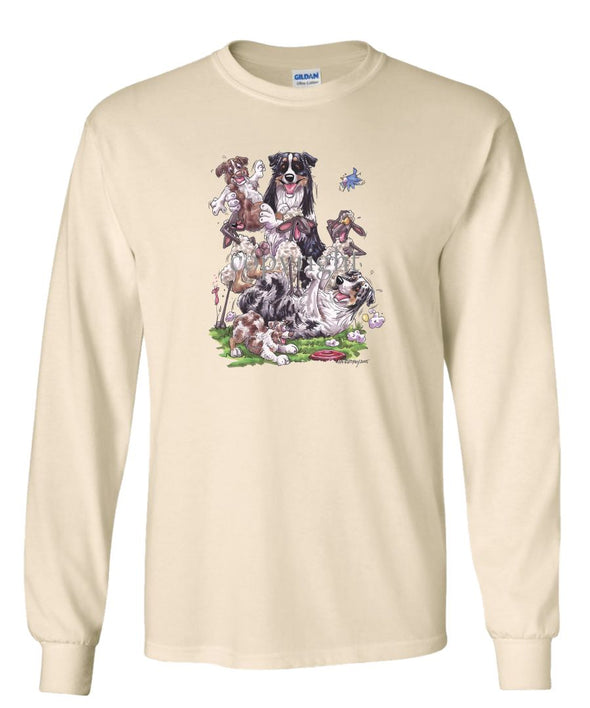Australian Shepherd - Group Sheep And Puppies - Caricature - Long Sleeve T-Shirt