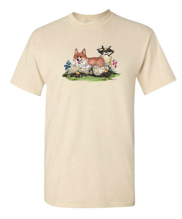 Welsh Corgi Pembroke - Laying On Sheep - Caricature - T-Shirt