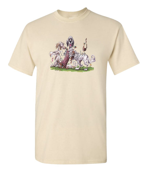 English Setter - Group Hollow Log And Pheasants - Caricature - T-Shirt