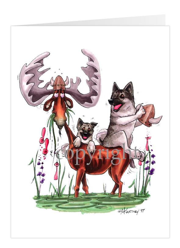 Norwegian Elkhound - Sitting On Moose - Caricature - Card