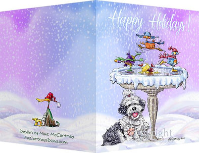 Old English Sheepdog - Frozen Bird Bath - Christmas Card