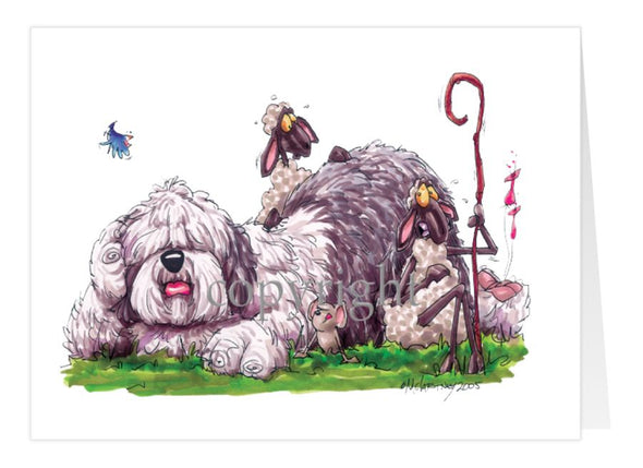 Old English Sheepdog - Laying Down With Sheep - Caricature - Card