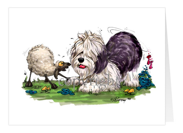 Old English Sheepdog - With Sheep - Caricature - Card