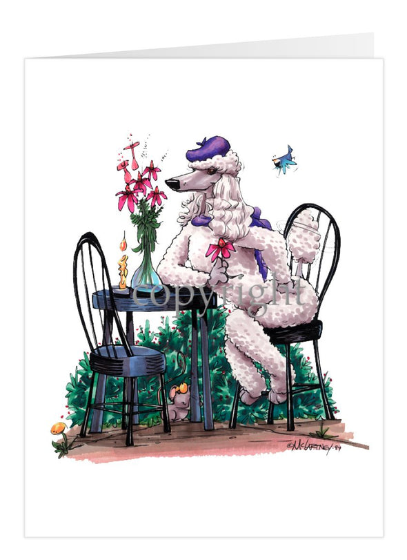 Poodle White - Sitting At Table - Caricature - Card