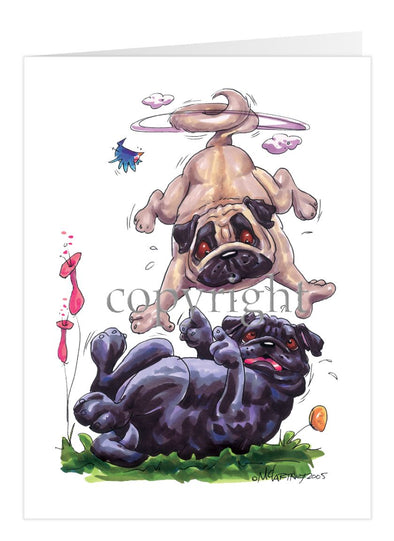 Pug - Group Fawn Black Playing - Caricature - Card