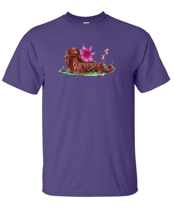 Dachshund  Longhaired - With Flower - Caricature - T-Shirt