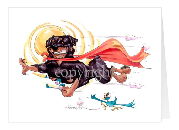 Rottweiler - Flying With Cape - Caricature - Card