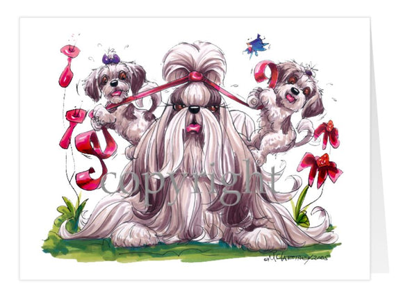 Shih Tzu - Puppies Pulling Ribbon - Caricature - Card