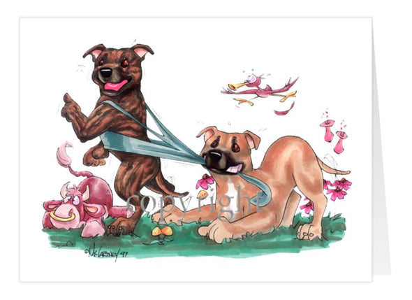 Staffordshire Bull Terrier - Group Tugging On Shirt - Caricature - Card