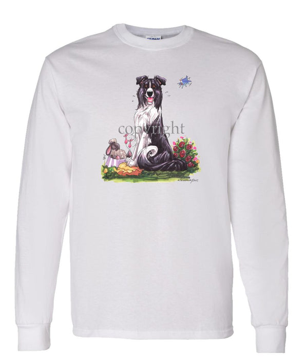 Border Collie - Sitting With Sheep In Dish - Caricature - Long Sleeve T-Shirt