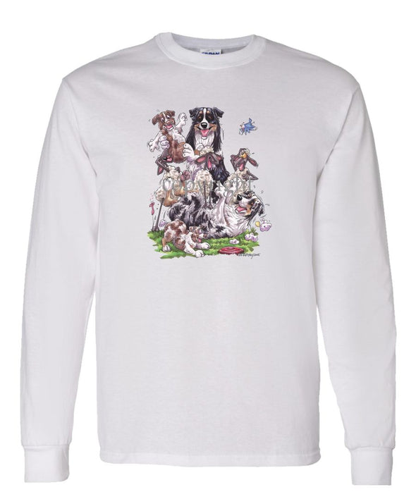 Australian Shepherd - Group Sheep And Puppies - Caricature - Long Sleeve T-Shirt