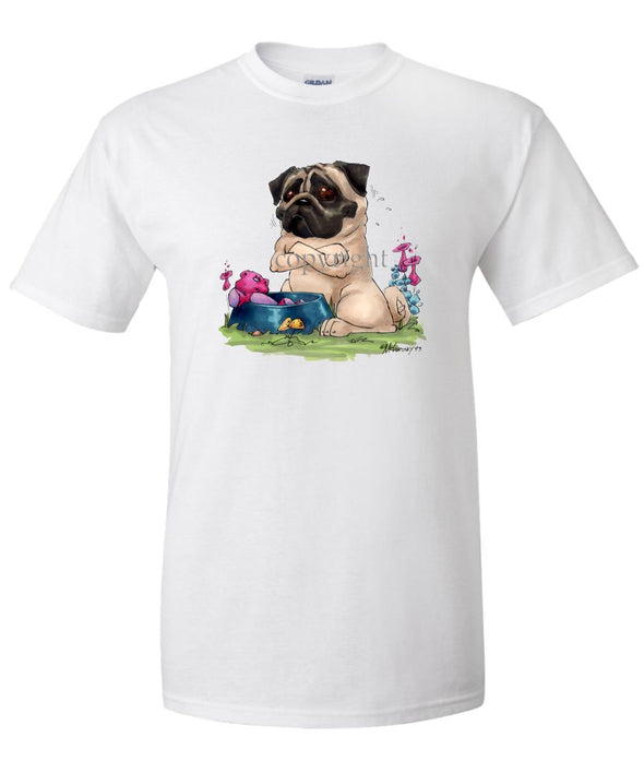 Pug - Sitting By Food Dish - Caricature - T-Shirt