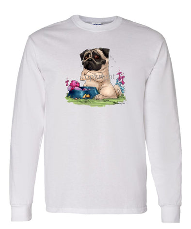 Pug - Sitting By Food Dish - Caricature - Long Sleeve T-Shirt