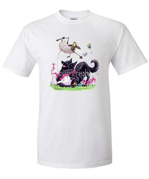 Belgian Sheepdog - Puppy Pose Chasing Sheep - Caricature - T-Shirt