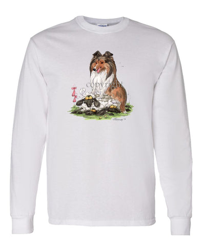Shetland Sheepdog - Sitting On Sheep - Caricature - Long Sleeve T-Shirt