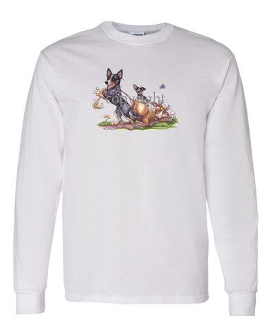 Australian Cattle Dog - Pulling Cow By Tail - Caricature - Long Sleeve T-Shirt