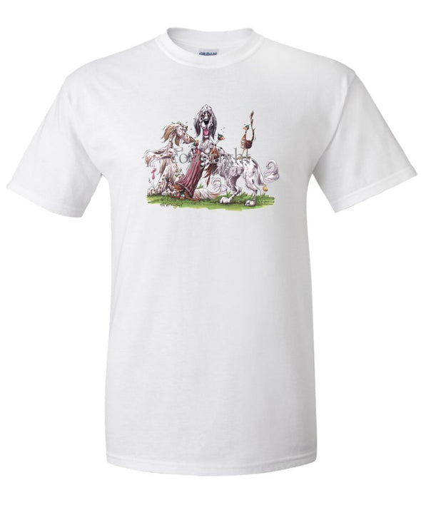 English Setter - Group Hollow Log And Pheasants - Caricature - T-Shirt
