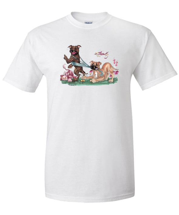 Staffordshire Bull Terrier - Group Tugging On Shirt - Caricature - T-Shirt