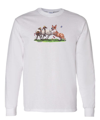 Welsh Corgi Pembroke - Herding Sheep - Caricature - Long Sleeve T-Shirt