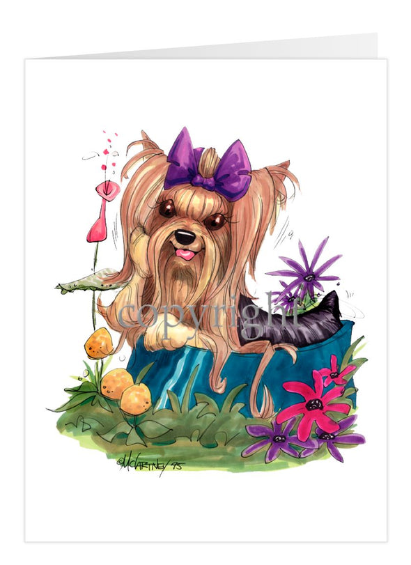Yorkshire Terrier - In Dish Purple Ribbon - Caricature - Card